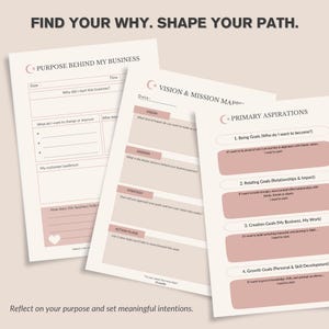 May include: Three sheets of paper with text, including "Purpose Behind My Business," "Vision & Mission Map," and "Primary Aspirations." The sheets are light pink with dark pink text and a crescent moon design. The top text reads "Find Your Why. Shape Your Path."