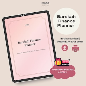 May include: A digital planner on a tablet with the text "Barakah Finance Planner." The planner is pink with a minimalist design and includes the text "A Minimalist Muslimah Planner for Wealth, Barakah and Gratitude."