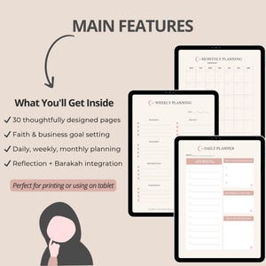 May include: Digital planner with monthly, weekly, and daily planning pages. Features include 30 pages, faith and business goal setting, and reflection integration. The text reads "Main Features" and "What You'll Get Inside".