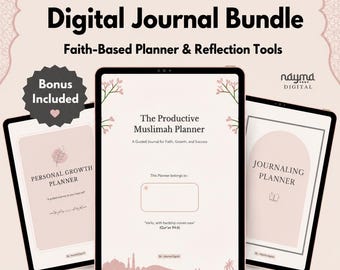 May include: A digital journal bundle featuring three tablet screens displaying planner covers with soft pink backgrounds, floral accents, and text including Mindful Muslimah Digital Journal Bundle, The Productive Muslimah Planner, Personal Growth Planner, and Journaling Planner.