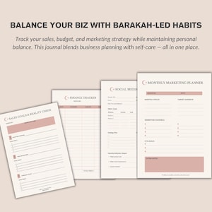 May include: A collection of open journals with pink and beige pages. The journals feature sections for sales goals, finance tracking, social media planning, and a monthly marketing planner. The text "BALANCE YOUR BIZ WITH BARAKAH-LED HABITS" is at the top.