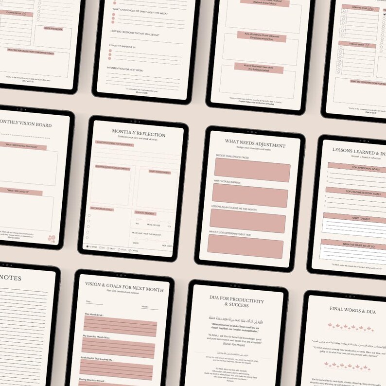 May include: Multiple digital tablets displaying planner pages with text and pink accents. The screens show sections for monthly vision, reflection, goals, and productivity. The tablets are arranged on a light-colored surface.