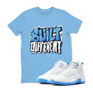 Shirt To Match AJ 12 Melo Sneaker Matching Tee Built Different, 12 Melo White University Blue Emoji T Shirt Match, Sneaker Shirt.