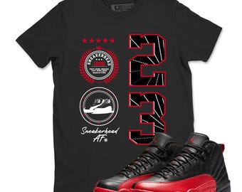 Shirt To Match AJ 12 Flu Game Sneaker Matching Tee, Sneaker Emblem T-Shirt, black red jordan shirt, sneaker shirt, Black T shirt