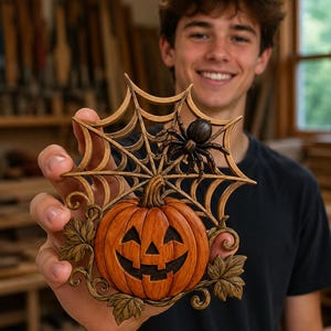 May include: A carved wooden wall hanging featuring a central orange jack-o'-lantern pumpkin with a carved face, surrounded by brown carved leaves, a spider web design, and a dark brown spider perched on the upper right side of the web.