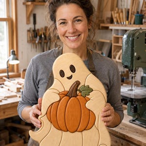 Puede incluir: Una pieza de arte de pared de madera con forma de fantasma que sostiene una gran calabaza naranja. El fantasma es de color claro con ojos de color marrón oscuro y una pequeña sonrisa. La calabaza tiene un tallo marrón y una hoja verde con líneas.