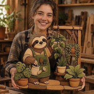May include: A multi-layered wooden wall art piece featuring a carved sloth wearing a green apron and holding a watering can, surrounded by various potted plants including a hanging plant and a monstera, all set on a wooden base structure.