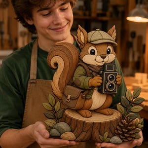May include: A wooden carving of a squirrel wearing a green cap, a scarf, and a jacket, holding a vintage camera. The squirrel stands on a tree stump base with carved leaves, stones, and a pinecone. The figure features brown and tan wood tones.
