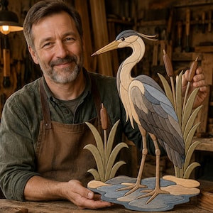 Könnte beinhalten: Ein handgefertigtes Wandkunstwerk aus Holz, das einen Reiher in einem Sumpf mit Rohrkolben darstellt. Das Kunstwerk besteht aus verschiedenen Holztönen wie Hellbeige, Grau und Dunkelbraun und zeigt den Vogel, das Wasser und die Schilfpflanzen.