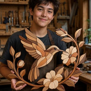 Patrón de intarsia de colibrí en PDF, apto para principiantes, patrón para sierra de calar, descarga digital.