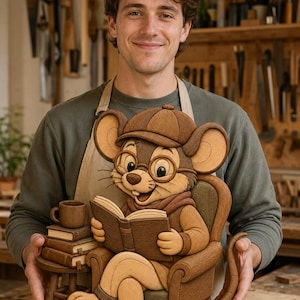 May include: A multi-layered wooden wall art piece depicting a cartoon mouse wearing a deerstalker hat and round glasses, sitting in an armchair while reading a book. A small side table with a stack of books and a mug sits beside the mouse.