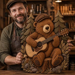 May include: A multi-layered wooden wall art piece featuring a brown bear wearing a cap and playing an acoustic guitar. The bear sits on a tree stump surrounded by carved pine trees, foliage, and small rocks, all rendered in natural wood tones.