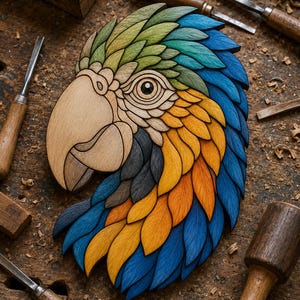 May include: A layered wooden wall art piece shaped like a parrot head, featuring a natural wood beak and eye area, with feathers stained in shades of green, blue, yellow, and orange, showcasing intricate carved details and a textured finish.