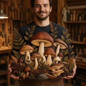 May include: A handcrafted wooden wall art piece featuring a detailed forest scene with multiple carved mushrooms of varying sizes, textures, and brown tones, interspersed with carved fern leaves and foliage elements arranged on a textured log base.