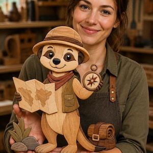 May include: A wooden meerkat figurine dressed as an explorer, wearing a hat, vest, and scarf. The meerkat holds a folded map in one hand and a compass in the other, with a small backpack and a cluster of rocks and leaves positioned at its feet.