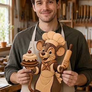Op de afbeelding: Een houten wanddecoratie met een cartoonmuis verkleed als chef-kok, met een hoge muts en een schort. De muis houdt in de ene hand een klein taartje met een kers erop en in de andere hand een houten deegroller, gemaakt van diverse houttinten.