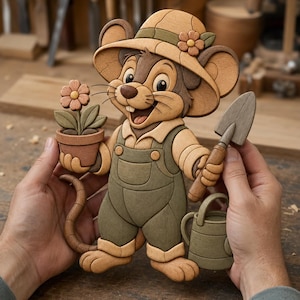 May include: A multi-layered wooden intarsia wall art piece depicting a cartoon mouse wearing a tan sun hat and olive green overalls. The mouse holds a small potted flower in one hand and a garden trowel in the other, with a watering can nearby.