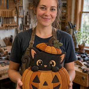 Puede incluir: Una pieza de arte mural de madera hecha a mano que muestra un gato negro asomándose desde una calabaza tallada. El diseño incluye una tapa de calabaza separada con una hoja verde, exhibiendo tonos de madera en capas y recortes detallados.
