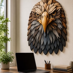 May include: A wall-mounted eagle head sculpture crafted from layered wooden pieces in shades of brown, gray, and black. The eagle features a prominent yellow beak and detailed, overlapping feather-like segments that create a textured, three-dimensional appearance.