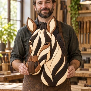 Puede incluir: Una escultura de pared con forma de cabeza de cebra, elaborada con piezas segmentadas de madera clara, media y oscura. La obra presenta líneas curvas y suaves que forman el rostro, las orejas y la crin, con vetas de madera visibles.