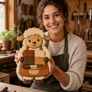 May include: A handcrafted wooden puzzle shaped like a sheep, featuring a light cream-colored head and wool, with a torso composed of various brown and tan wood blocks arranged in a grid pattern, held by a person in a workshop setting.