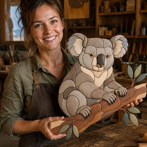 Peut inclure: Une pièce d'art mural en bois fabriquée à la main représentant un koala assis sur une branche d'arbre. Le koala est composé de divers segments de bois dans des tons gris, beige et marron. La branche est marron avec de petites feuilles vert clair.