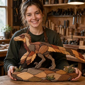 Op de afbeelding: Een veelkleurig houten inlegwerk kunstwerk dat een gevederde dinosaurus voorstelt die op een rotsachtige basis met kleine groene planten staat. De dinosaurus is gemaakt van verschillende tinten bruin, beige en grijs hout.