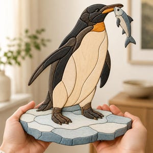 May include: A handcrafted wooden intarsia sculpture of a penguin standing on a light blue ice floe. The penguin features dark charcoal, cream, and orange wood tones, holding a small grey and blue fish in its beak with detailed wood grain.