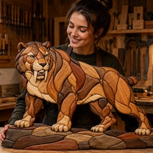 May include: A handcrafted wooden sculpture of a saber-toothed tiger, constructed from various shades of natural wood pieces fitted together like a mosaic. The feline figure features prominent long fangs, a snarling expression, and a textured base.