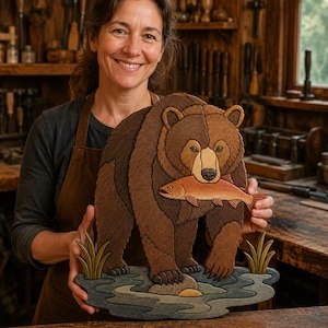 Könnte beinhalten: Ein mehrschichtiges Wandkunstwerk aus Holz-Intarsien, das einen Braunbären darstellt, der in einem flachen Bach steht und einen Lachs im Maul hält. Der Bär ist in verschiedenen Brauntönen gehalten, während das Wasser aus blaugrauen Tönen besteht.
