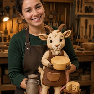 May include: A carved wooden goat figurine wearing a brown apron and holding a round cheese wheel. Beside the goat is a small wooden milk churn and a miniature stool topped with a piece of Swiss cheese, all featuring natural wood grain textures.