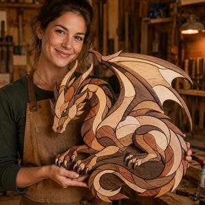 May include: A decorative dragon sculpture crafted from multiple interlocking pieces of wood in varying natural shades of light, medium, and dark brown. The dragon is depicted in a seated position with large, curved wings and sharp claws.