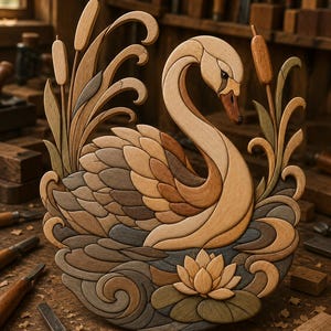 May include: A multi-layered wooden intarsia wall art piece depicting a swan swimming among cattails and a water lily. The artwork features various natural wood tones, including light, medium, and dark brown grains, arranged to create depth and texture.