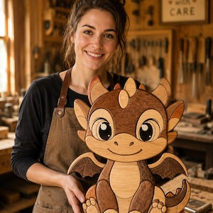 Könnte beinhalten: Ein handgefertigtes Wandbild aus Holz in Form eines Drachen mit verschiedenen Braun- und Beigetönen. Der Drache hat große Augen, kleine Flügel und einen geschwungenen Schwanz, zusammengesetzt aus verschiedenen Holzmaserungen.