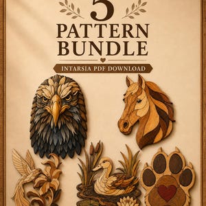 May include: A 5 pattern bundle intarsia PDF download featuring five wooden wall art designs: an eagle head, a horse head, a hummingbird with a flower, a duck in a pond with reeds and a water lily, and a paw print with a central red heart.