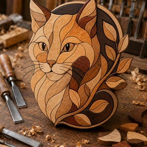 May include: A wooden marquetry wall art piece depicting a cat head in profile, crafted from various shades of light, medium, and dark wood veneers. The design features flowing, curved segments forming the cat's face and a leafy vine motif.