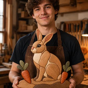 May include: A wooden intarsia wall art piece featuring a brown rabbit sitting on a base with two orange carrots with green tops on either side. The rabbit is composed of various shades of natural wood grain, showcasing a layered, puzzle-like design.