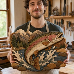 May include: A multi-layered wooden wall art piece featuring a leaping rainbow trout in a river. The scene includes detailed carved mountains, evergreen trees, splashing water, and smooth river stones, all crafted from various natural wood tones.