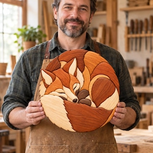 Puede incluir: Una pieza de arte mural circular de madera con un intrincado diseño de marquetería de un zorro enroscado. El zorro está compuesto por varios tonos de madera, incluyendo crema claro, naranja cálido, marrón rojizo y marrón oscuro, creando un retrato.