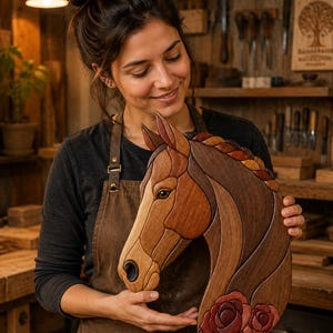 Puede incluir: Una pieza de arte mural de madera tallada con forma de cabeza de caballo, que presenta marquetería con varios tonos de madera, incluyendo bronceado claro, marrón medio y nogal oscuro. El diseño incluye una crin trenzada y dos rosas de madera roja.