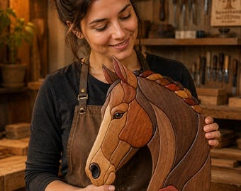 May include: A handcrafted wooden wall art piece shaped as a horse head, featuring intricate marquetry with various wood tones including light tan, medium brown, and dark walnut. The design includes a braided mane and two carved red wooden roses.