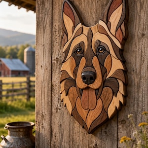 May include: A wall-mounted German Shepherd dog head sculpture crafted from various shades of natural wood. The piece features intricate interlocking wooden segments in light, medium, and dark brown tones, forming the detailed facial features, pointed ears, and a tongue.