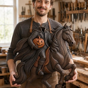 Puede incluir: Una talla de madera de color marrón oscuro que representa a un jinete sin cabeza con una capa ondeante montado a caballo, sosteniendo una calabaza naranja tallada. La escultura presenta texturas intrincadas en la crin y la vestimenta.