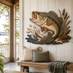 May include: A multi-layered wooden wall art piece depicting a largemouth bass jumping out of water. The fish is rendered in shades of green and tan, with a dark lateral stripe, leaping from stylized blue and tan waves near brown cattails.
