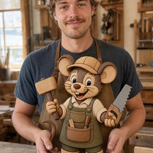 May include: A wooden wall art piece depicting a cartoon mouse wearing a cap and overalls, holding a wooden mallet in one hand and a saw in the other. The mouse has a light brown face, dark brown ears, and a green apron with a pocket containing tools.
