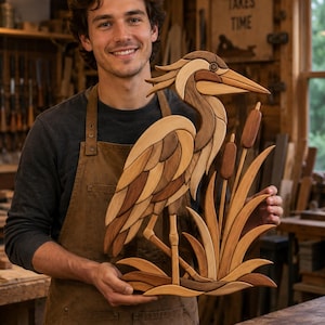 May include: A handcrafted wooden wall art piece featuring a heron standing among cattails, constructed from various shades of natural wood grain. The bird is depicted in profile with layered wooden segments creating depth and texture in the plumage.