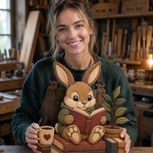 May include: A multi-layered wooden art piece featuring a rabbit wearing a green hoodie, sitting on a stack of books while reading an open book. The scene includes a small potted plant and a mug with a heart design, all crafted from various wood tones.