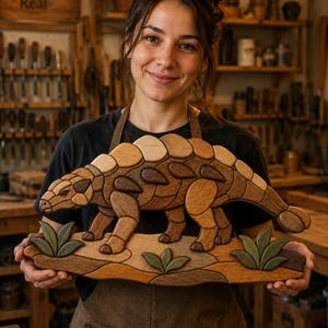 Op de afbeelding: Een handgemaakt houten wandkunstwerk met een Ankylosaurus dinosaurus in verschillende tinten bruin houtnerf. De dinosaurus staat op een getextureerde houten basis met drie kleine groene houten planten in het landschapsontwerp.