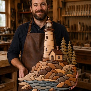 May include: A multi-layered wooden wall art piece featuring a lighthouse, a small house, and evergreen trees situated on a rocky coastline with stylized waves. The artwork uses various wood tones to create depth and texture in the scene.