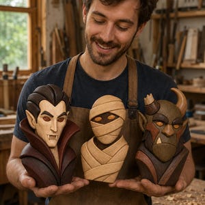 May include: Three hand-carved wooden busts depicting a vampire with a high collar, a wrapped mummy, and a horned creature with a single tusk. Each figure features distinct wood grain textures and natural brown, tan, and dark red wood tones.